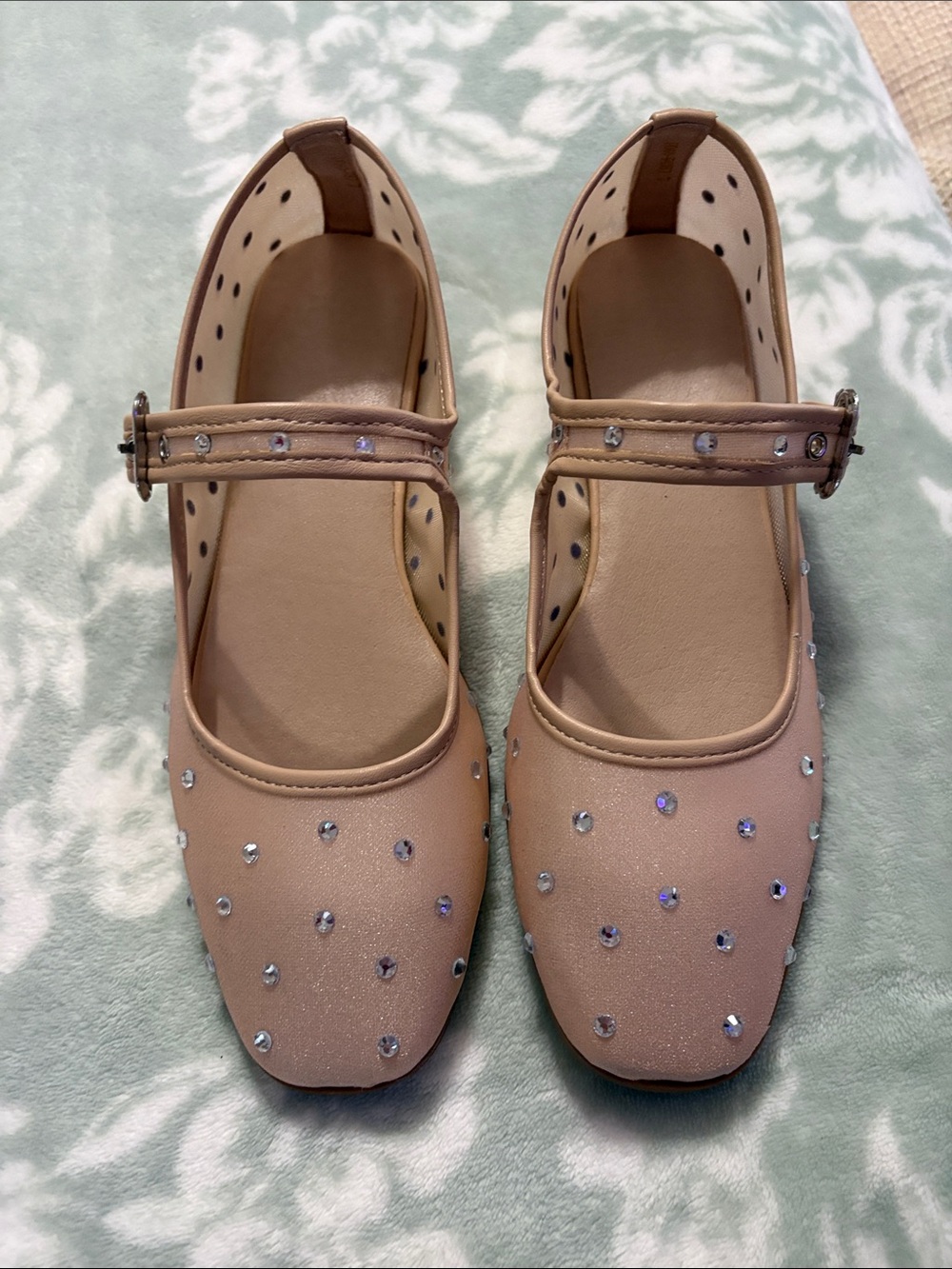 Tan, Sheer Mary Jane Flats with Rhinestones